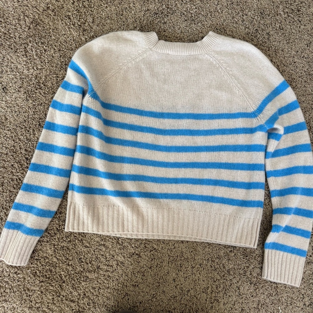 White + Warren 100% Cashmere Blue and Cream/Tan Striped Sweater Large - Picture 7 of 8